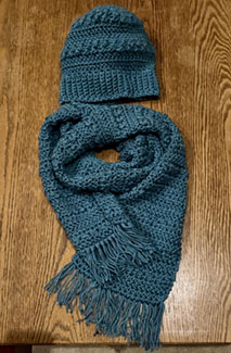 Crocheted Hat and scarf by Merilyn Hunter-419x640px